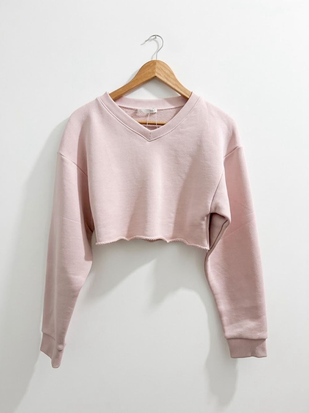 Zara Pale Pink Cropped V-Neck Sweatshirt Raw Hem Long Sleeve Cotton Size S